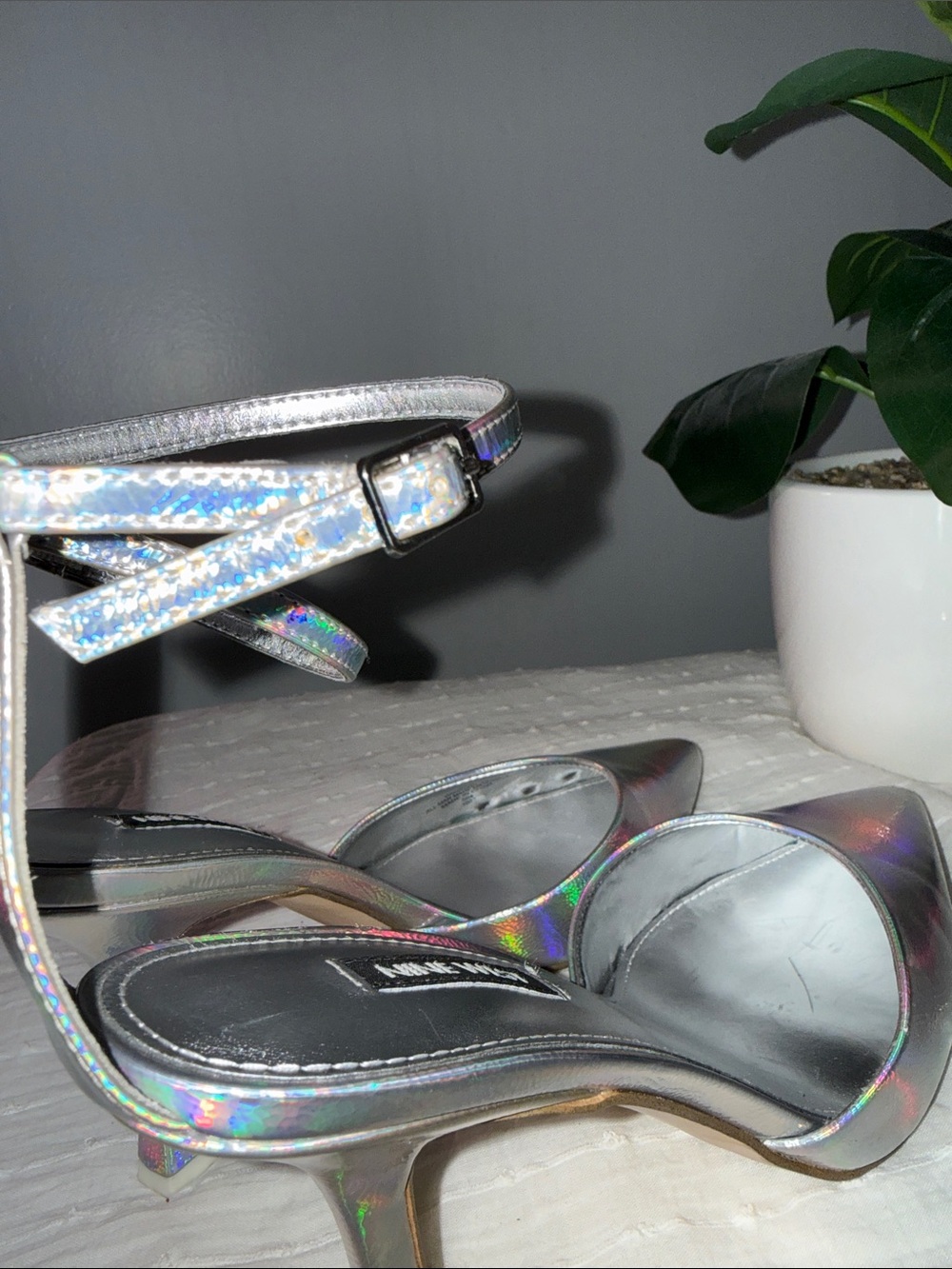 Nine West Holographic Silver Pointed-Toe Ankle-Strap Heels - Picture 7 of 11